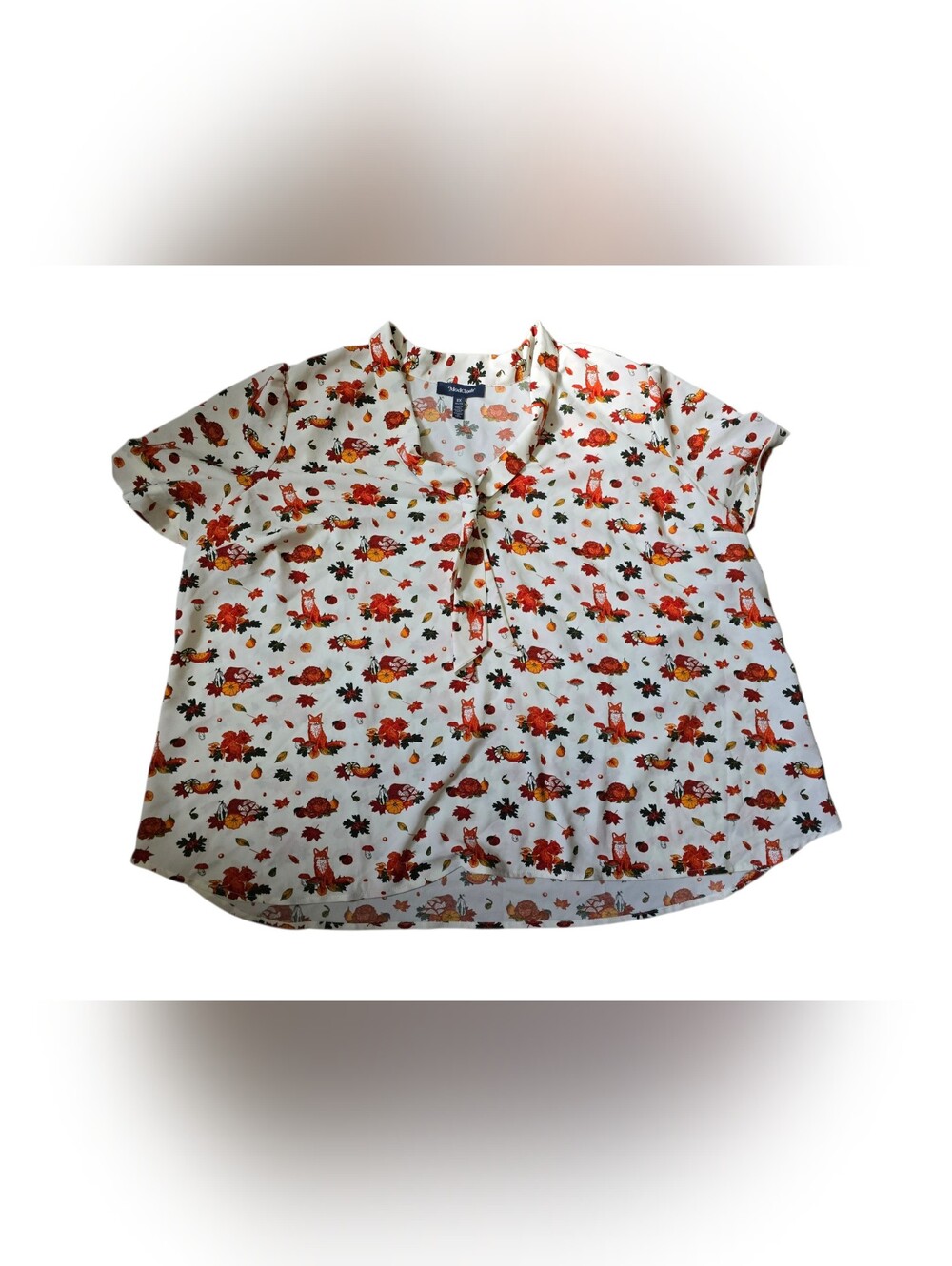 NWT Modcloth Womens Plus 3XL V-neck Faux Tie Fall Autumn Fox Leaves Blouse Cute